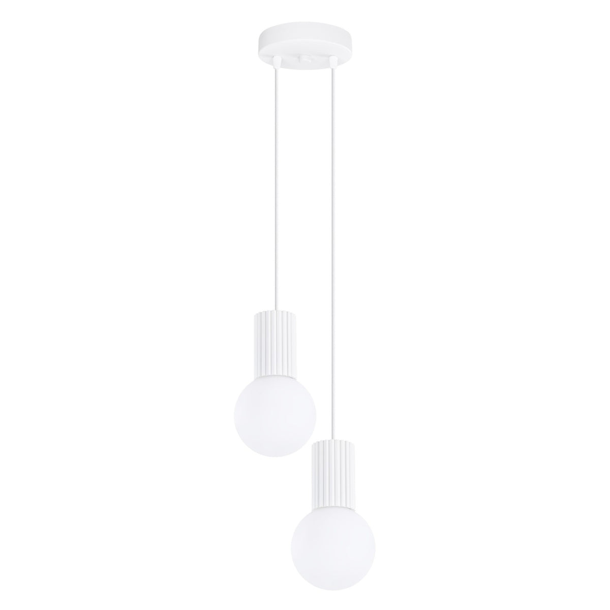 Suspension Halo 2 boules opale grappe blanc, deux boules de verre opale sous leur rosace ronde
