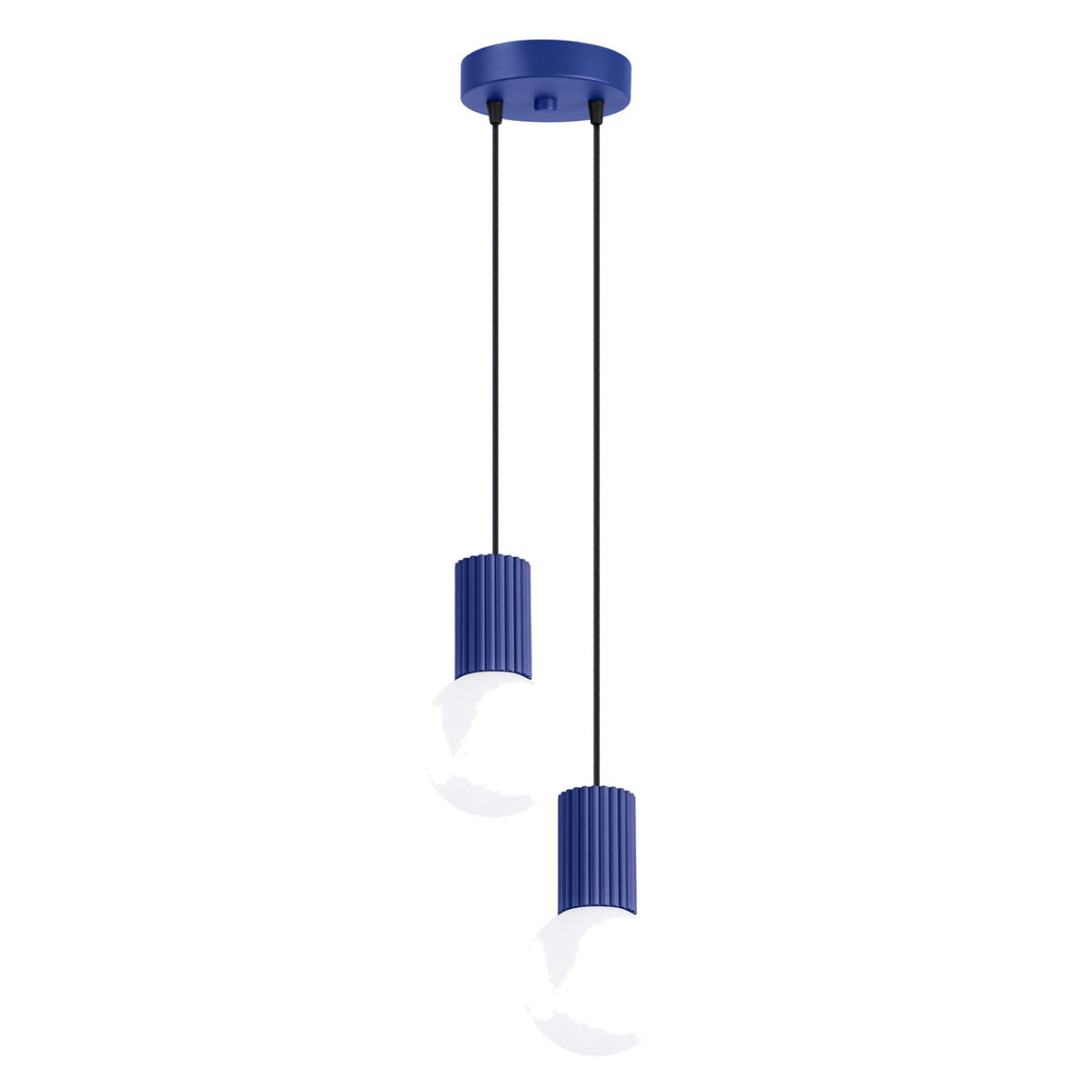 Suspension Halo 2 boules opale grappe bleu outremer, deux boules de verre opale sous leur rosace ronde