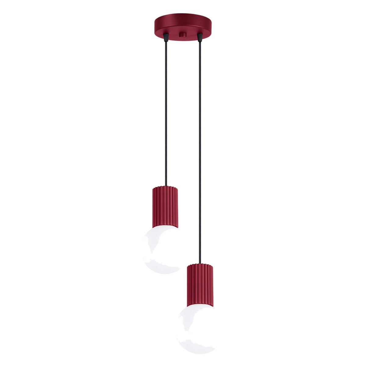 Suspension Halo 2 boules opale grappe bordeaux, deux boules de verre opale sous leur rosace ronde