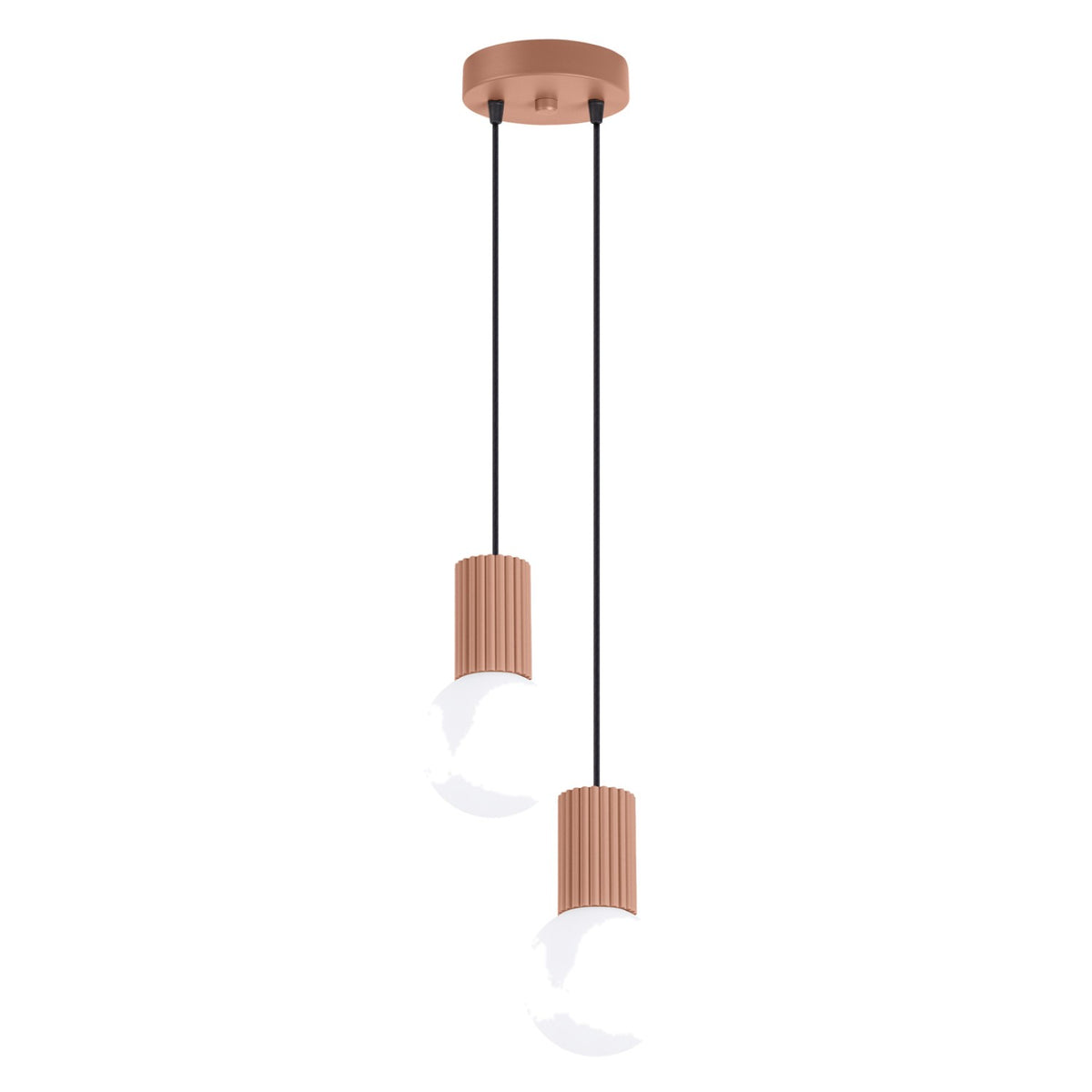 Suspension Halo 2 boules opale grappe brun moka, deux boules de verre opale sous leur rosace ronde