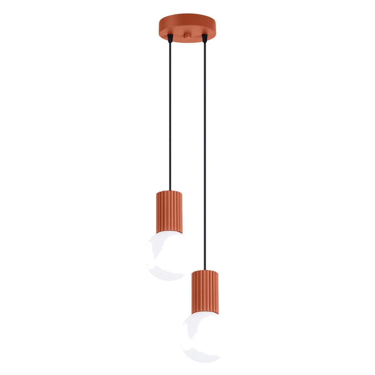 Suspension Halo 2 boules opale grappe ocre rouge, deux boules de verre opale sous leur rosace ronde