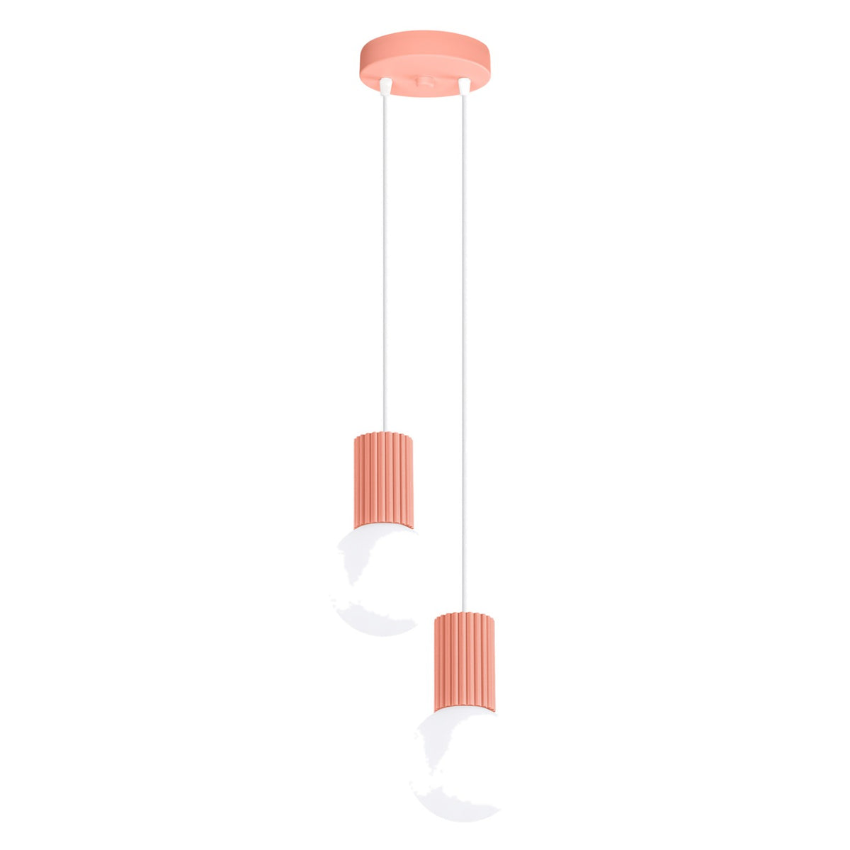 Suspension Halo 2 boules opale grappe rose pêche, deux boules de verre opale sous leur rosace ronde