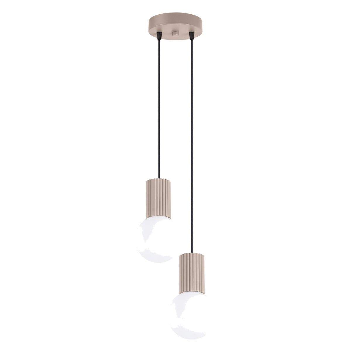 Suspension Halo 2 boules opale grappe taupe, deux boules de verre opale sous leur rosace ronde