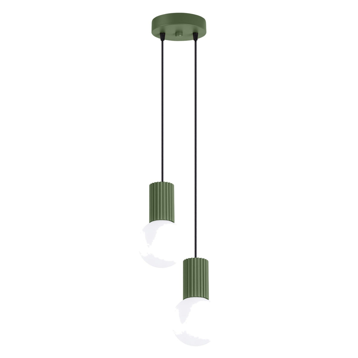 Suspension Halo 2 boules opale grappe vert olive, deux boules de verre opale sous leur rosace ronde