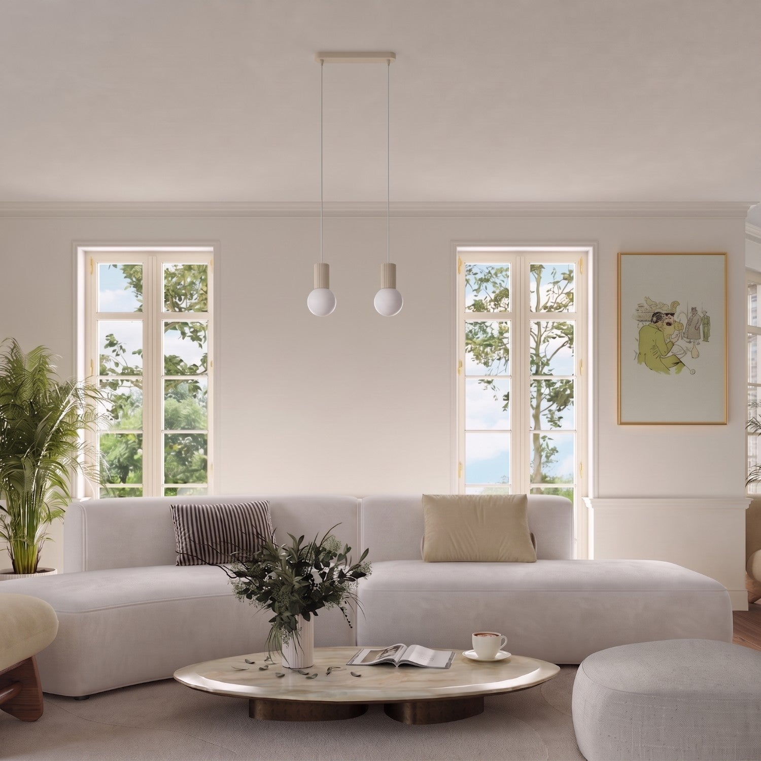 Suspension Halo 3 boules opale barre beige dans un intérieur