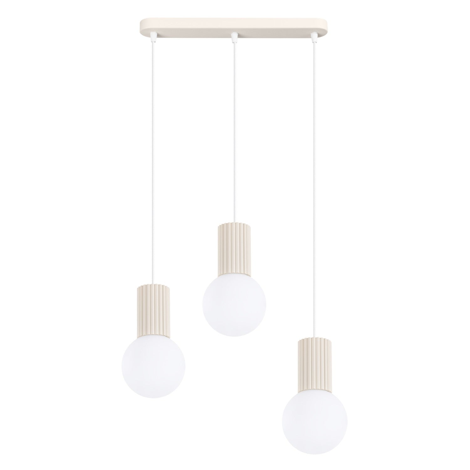 Suspension Halo 3 boules opale barre beige, trois boules de verre opale sous leur barre
