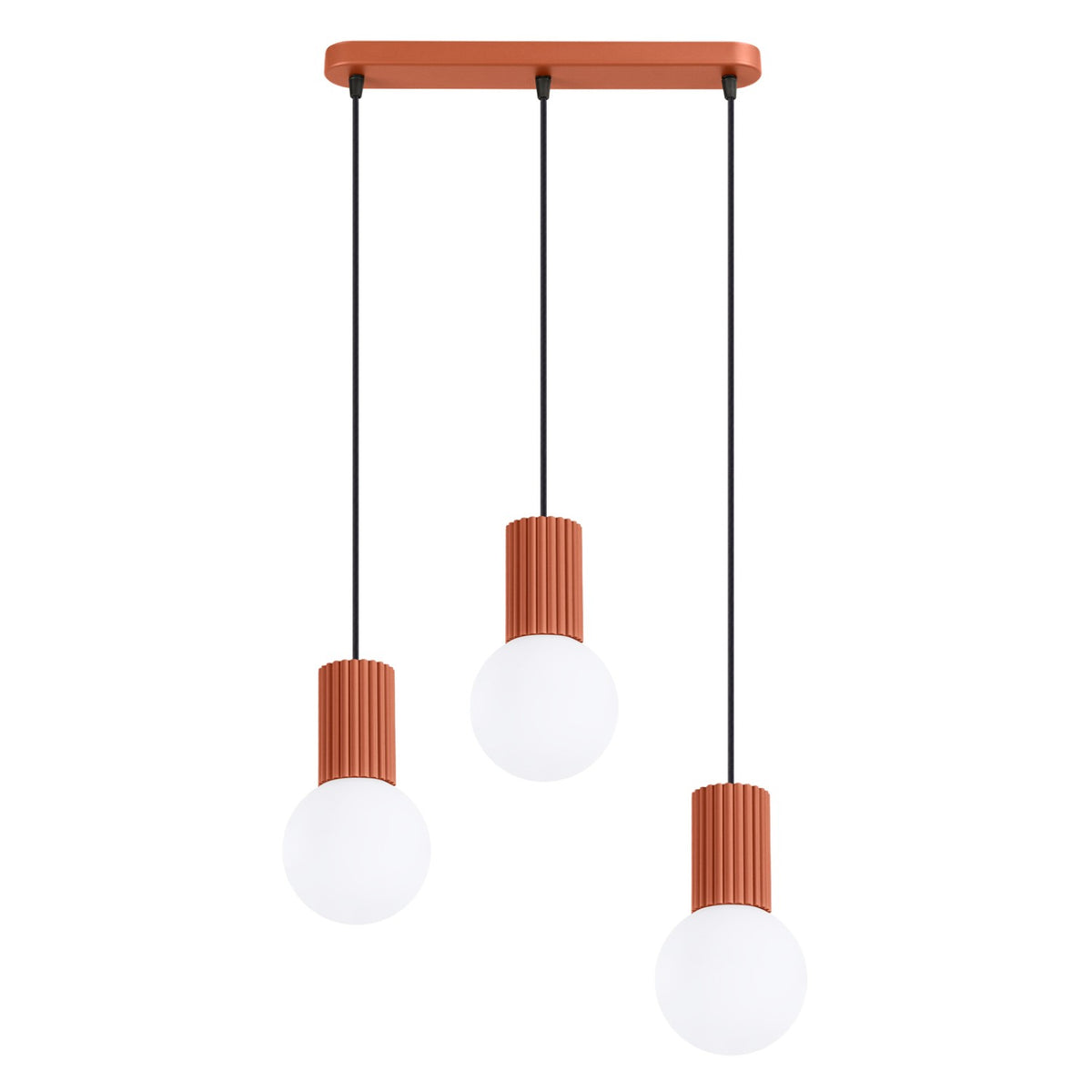 Suspension Halo 3 boules opale barre ocre rouge, trois boules de verre opale sous leur barre