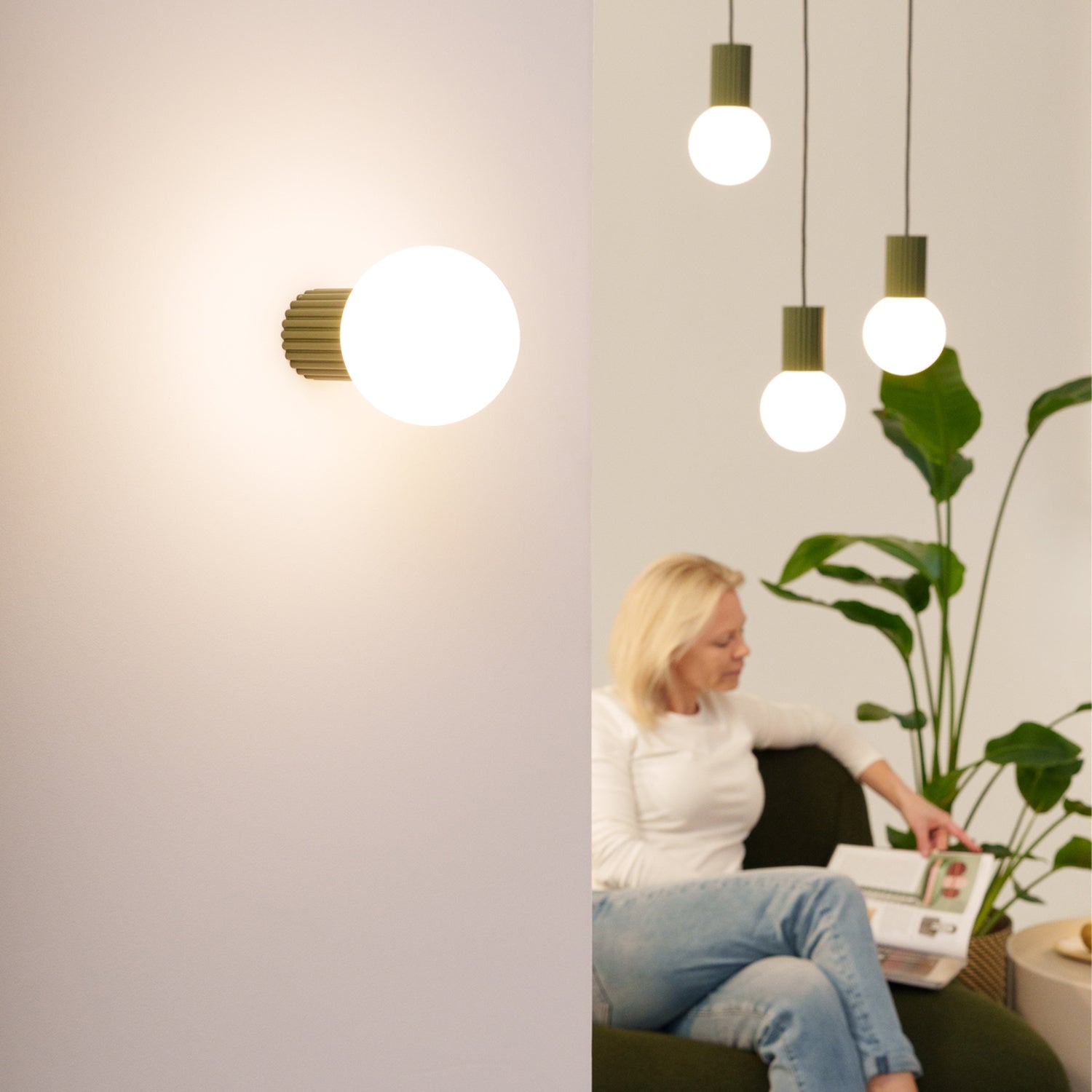 Suspension Halo 3 boules opale grappe vert olive en ambiance
