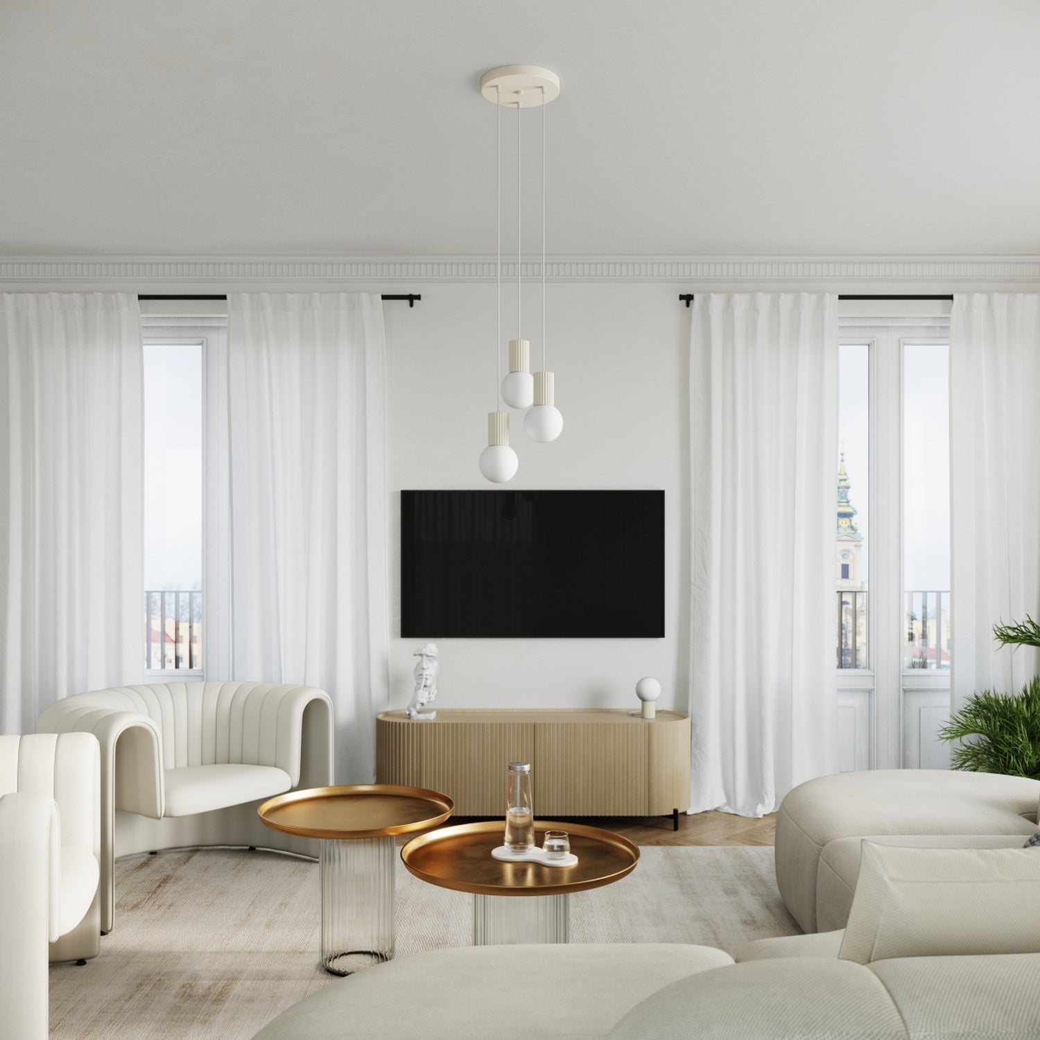 Suspension Halo boule opale beige dans un intérieur