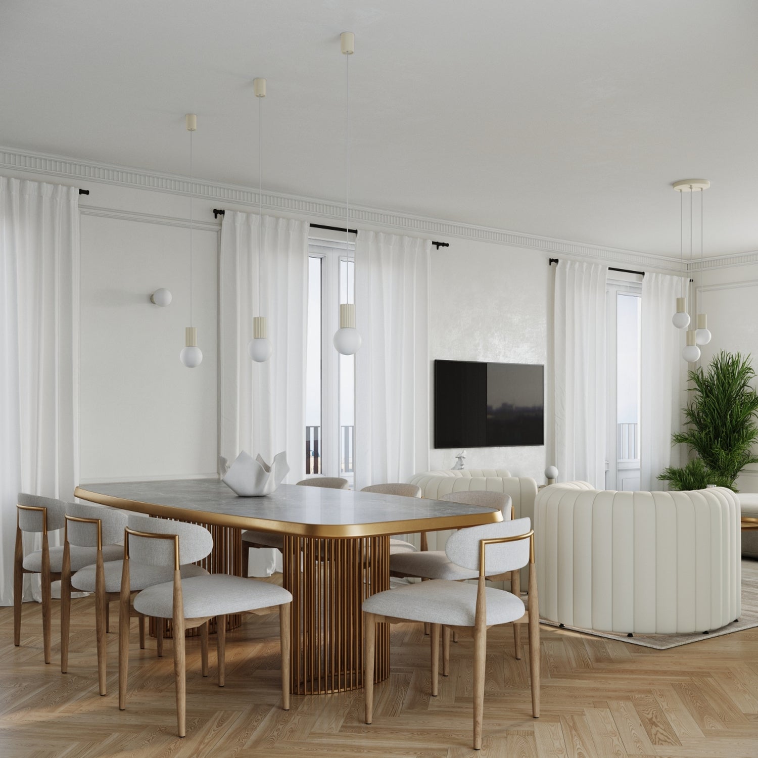 Suspension Halo boule opale beige en situation