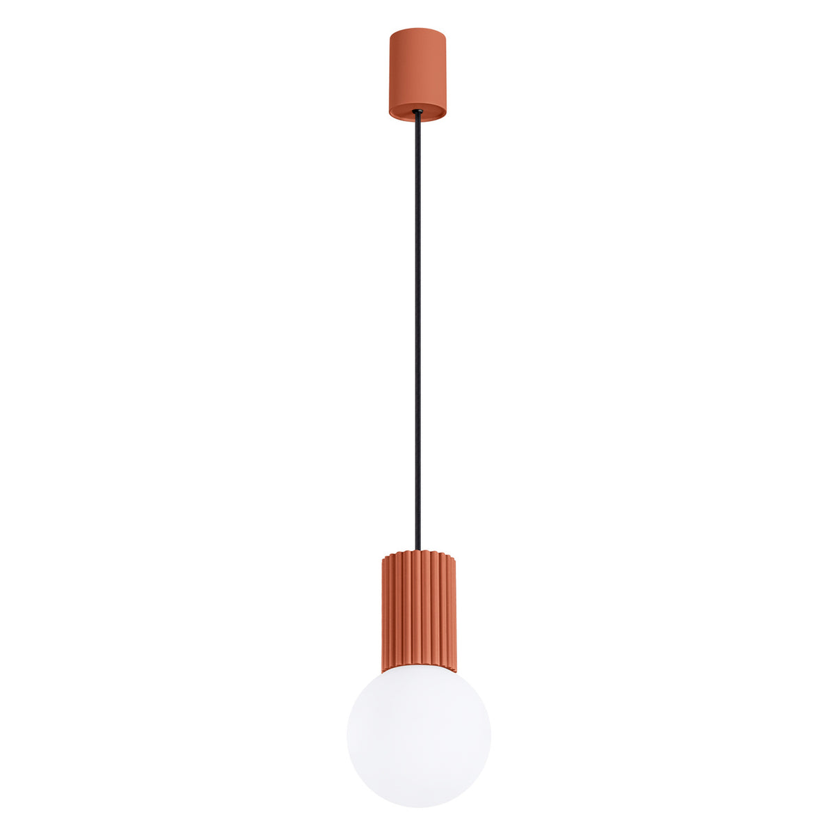 Suspension Halo boule opale ocre rouge, boule de verre opale sous son culot cannelé