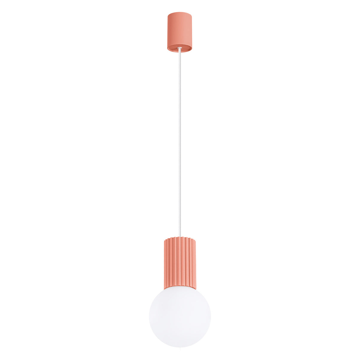 Suspension Halo boule opale rose pêche, boule de verre opale sous son culot cannelé