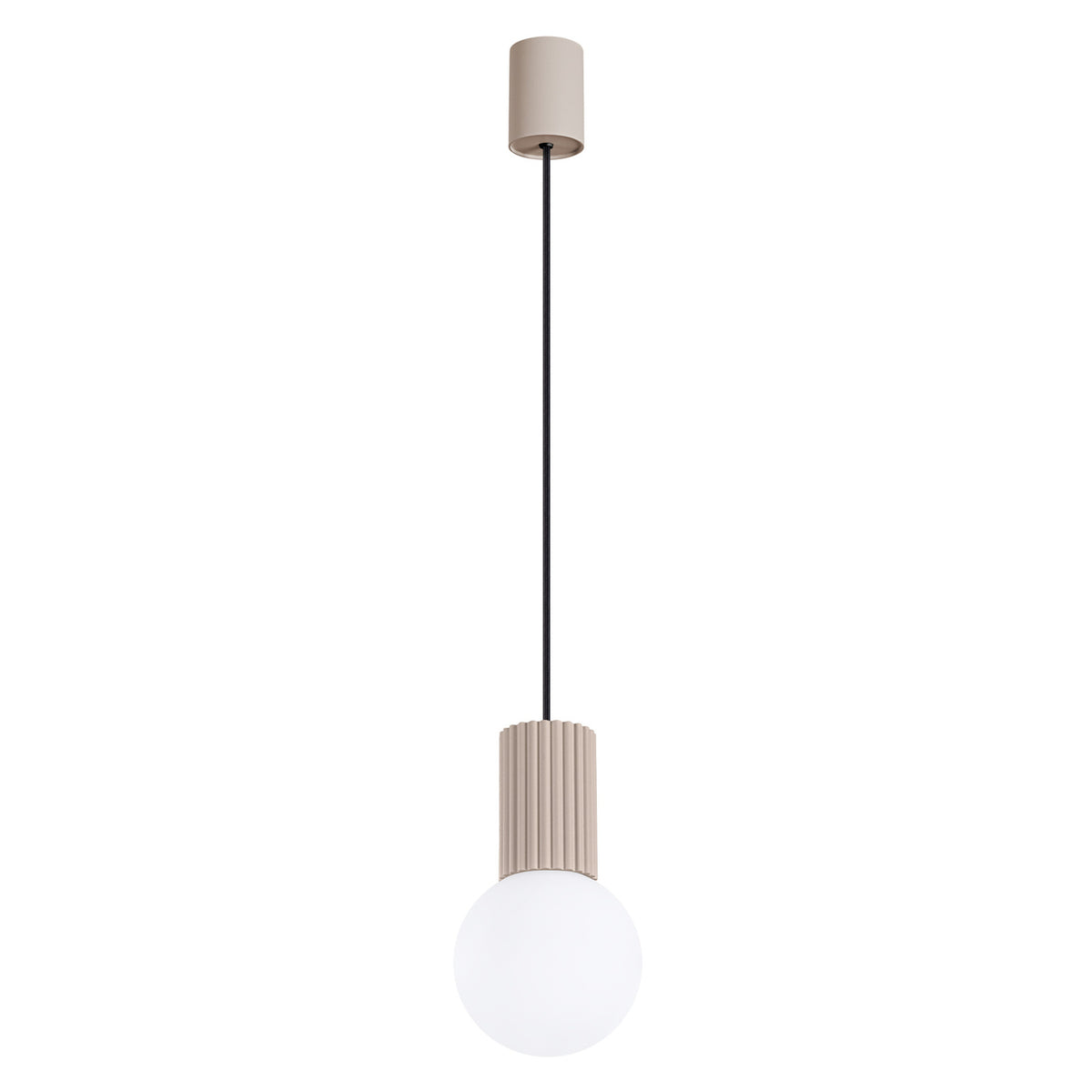 Suspension Halo boule opale taupe, boule de verre opale sous son culot cannelé