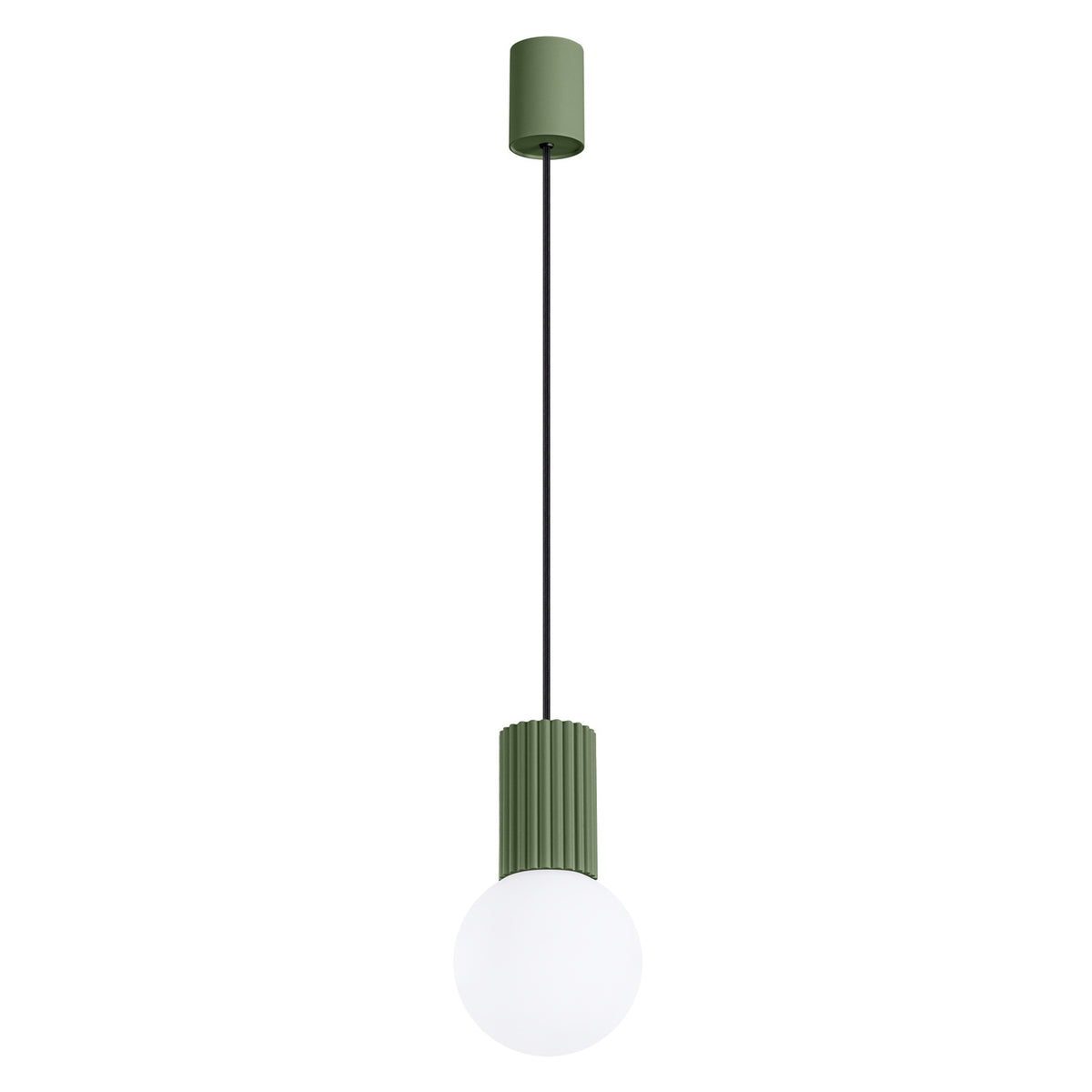 Suspension Halo boule opale vert olive, boule de verre opale sous son culot cannelé