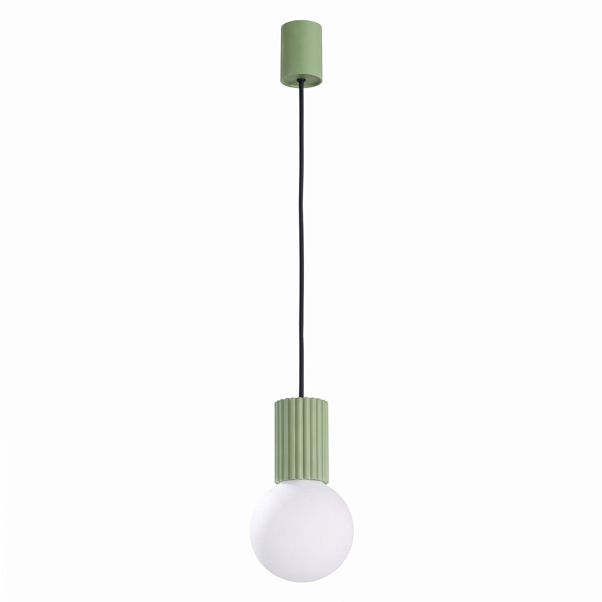 Suspension Halo boule opale vert sauge, boule de verre opale sous son culot cannelé