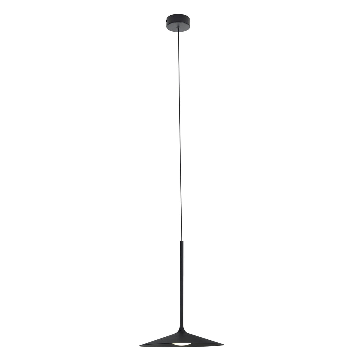 Suspension Hana noire tige fine évasée en cône plat avec LED au centre et rosace ronde sur fond blanc