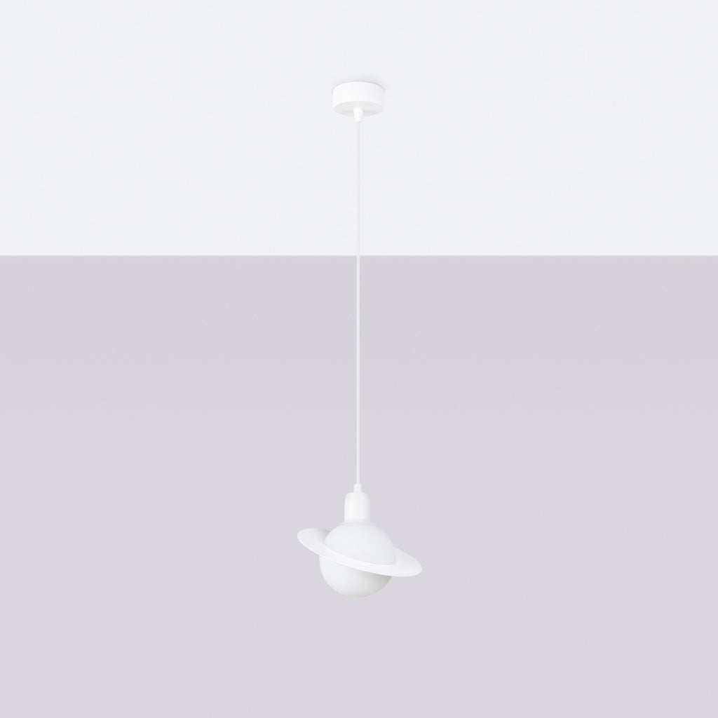 Suspension Hyperion globe opale et acier blanc G9 de profil