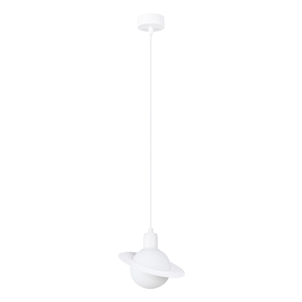 Suspension Hyperion globe opale et acier blanc G9, globe de verre opale cerclé d'un anneau plat en acier blanc