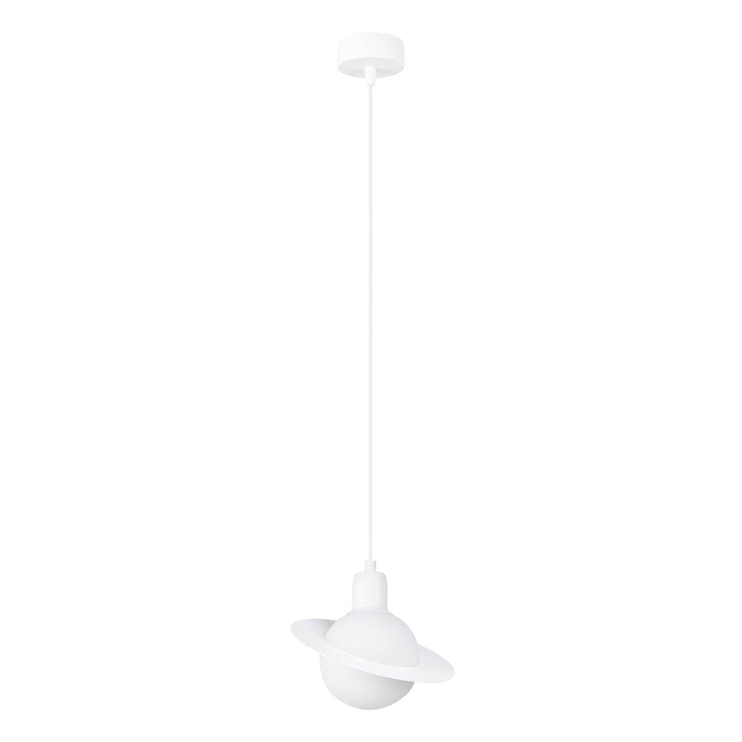 Suspension Hyperion globe opale et acier blanc G9, globe de verre opale cerclé d'un anneau plat en acier blanc