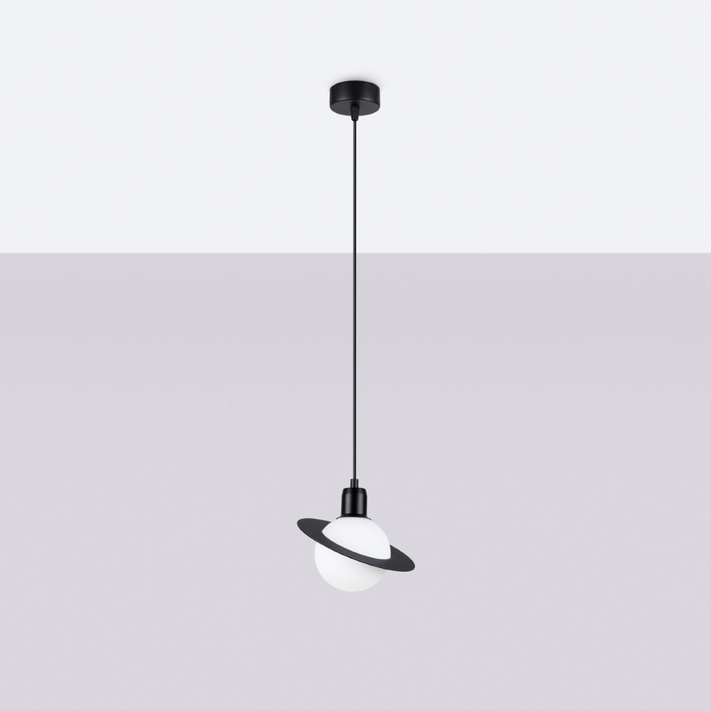 Suspension Hyperion globe opale et acier noir G9 de profil