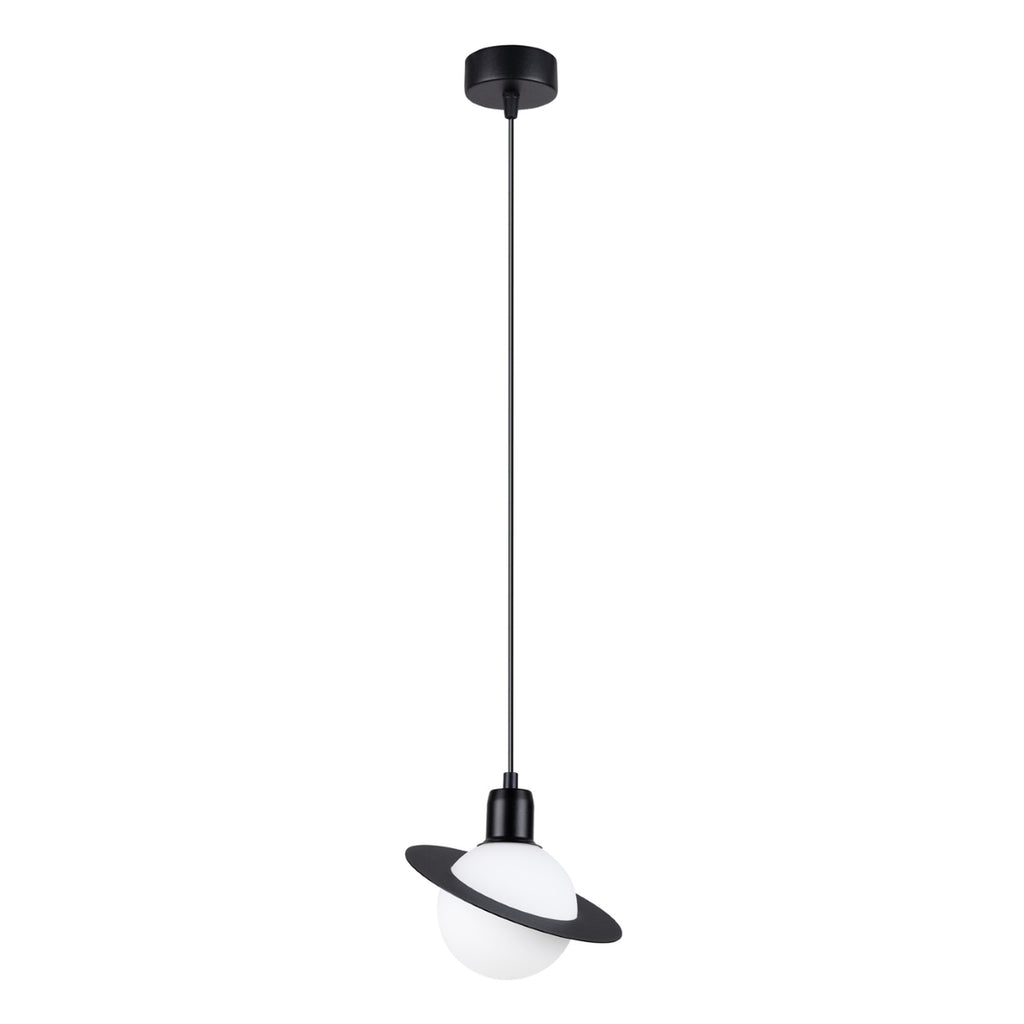 Suspension Hyperion globe opale et acier noir G9, globe de verre opale cerclé d'un anneau plat en acier noir