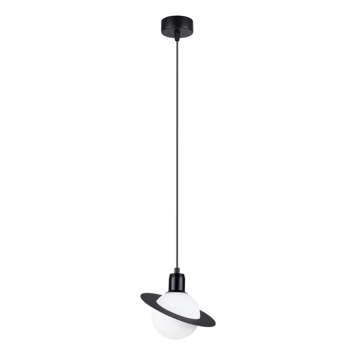 Suspension Hyperion globe opale et acier noir G9, globe de verre opale cerclé d'un anneau plat en acier noir