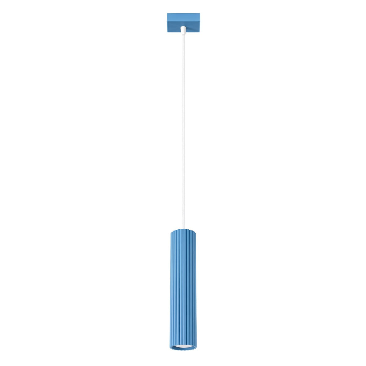 Suspension Karbon laque bleu azur tube cannelé suspendu à son câble