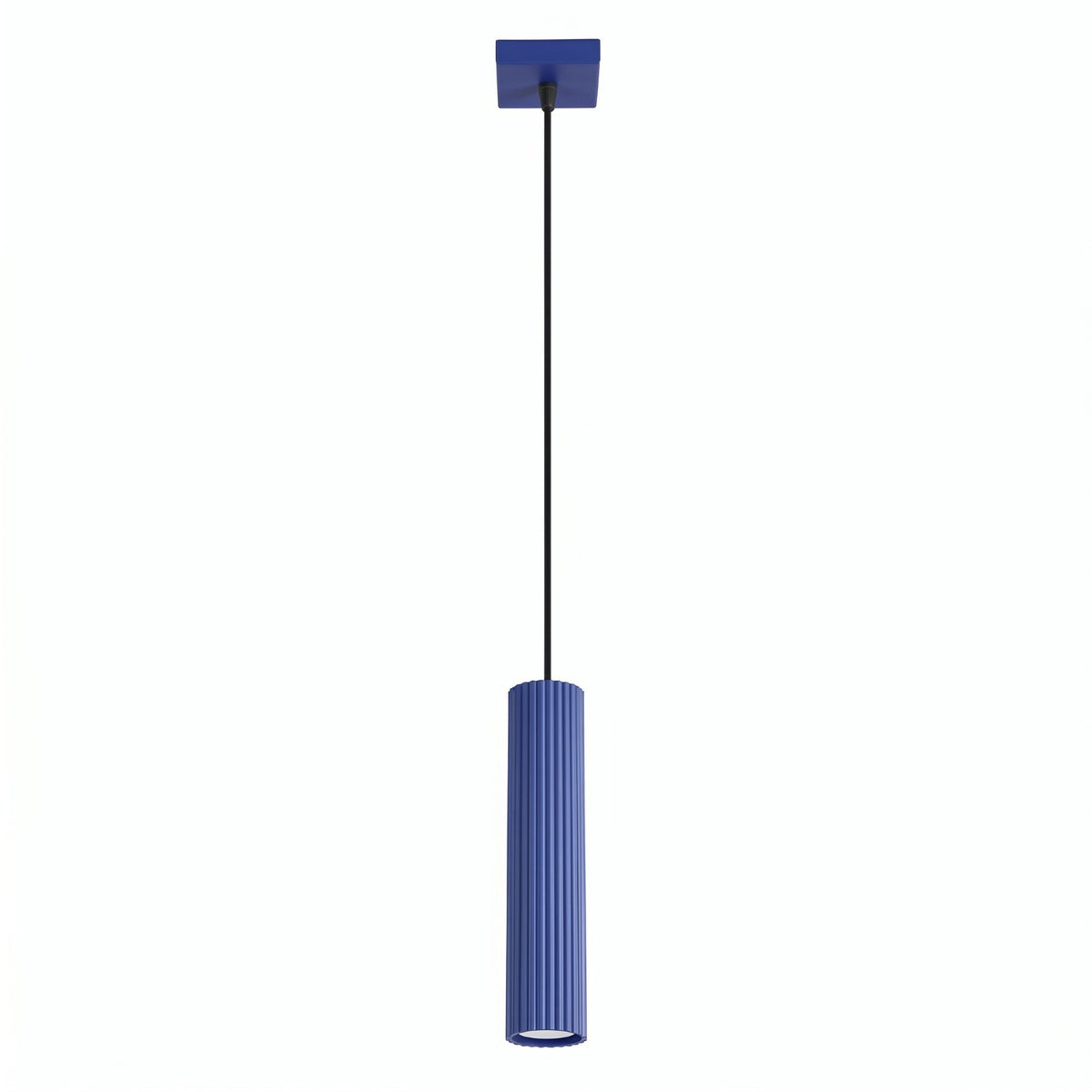 Suspension Karbon laque bleu outremer tube cannelé suspendu à son câble
