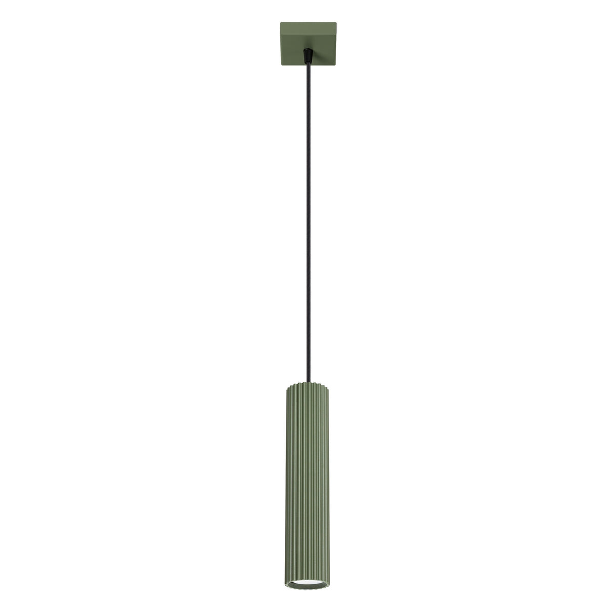 Suspension Karbon laque vert olive tube cannelé suspendu à son câble