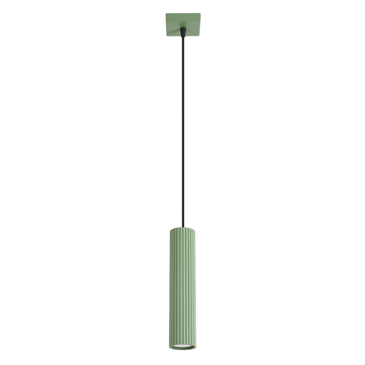 Suspension Karbon laque vert sauge tube cannelé suspendu à son câble