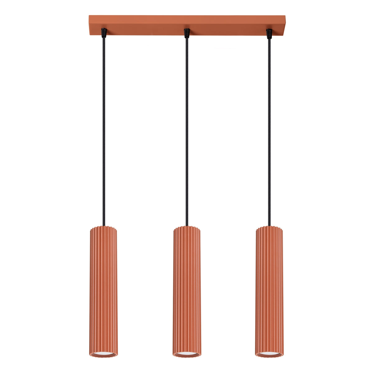 Suspension Karbon 3 tubes barre ocre rouge, trois tubes cannelés sous leur barre