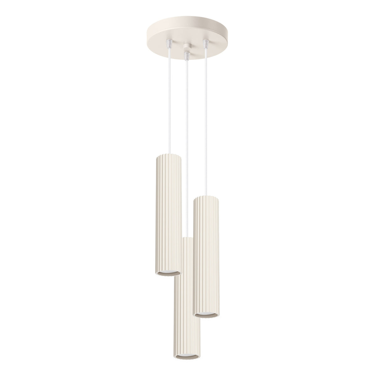 Suspension Karbon 3 tubes grappe beige, trois tubes cannelés groupés sous leur rosace