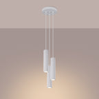 Suspension Karbon 3 tubes grappe blanc allumée, trois faisceaux croisés
