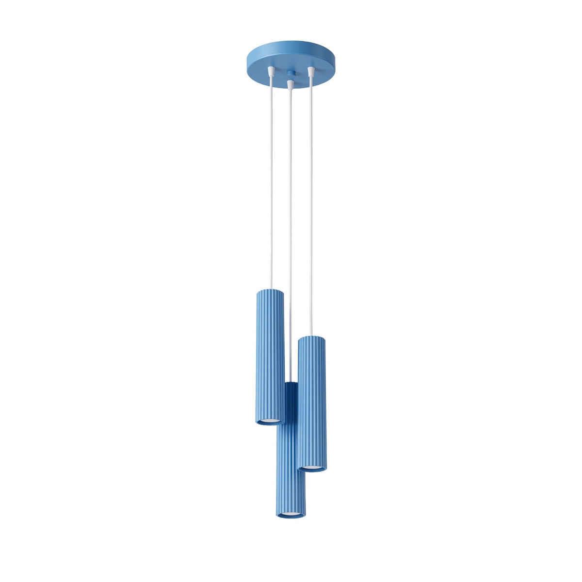Suspension Karbon 3 tubes grappe bleu ciel, trois tubes cannelés groupés sous leur rosace