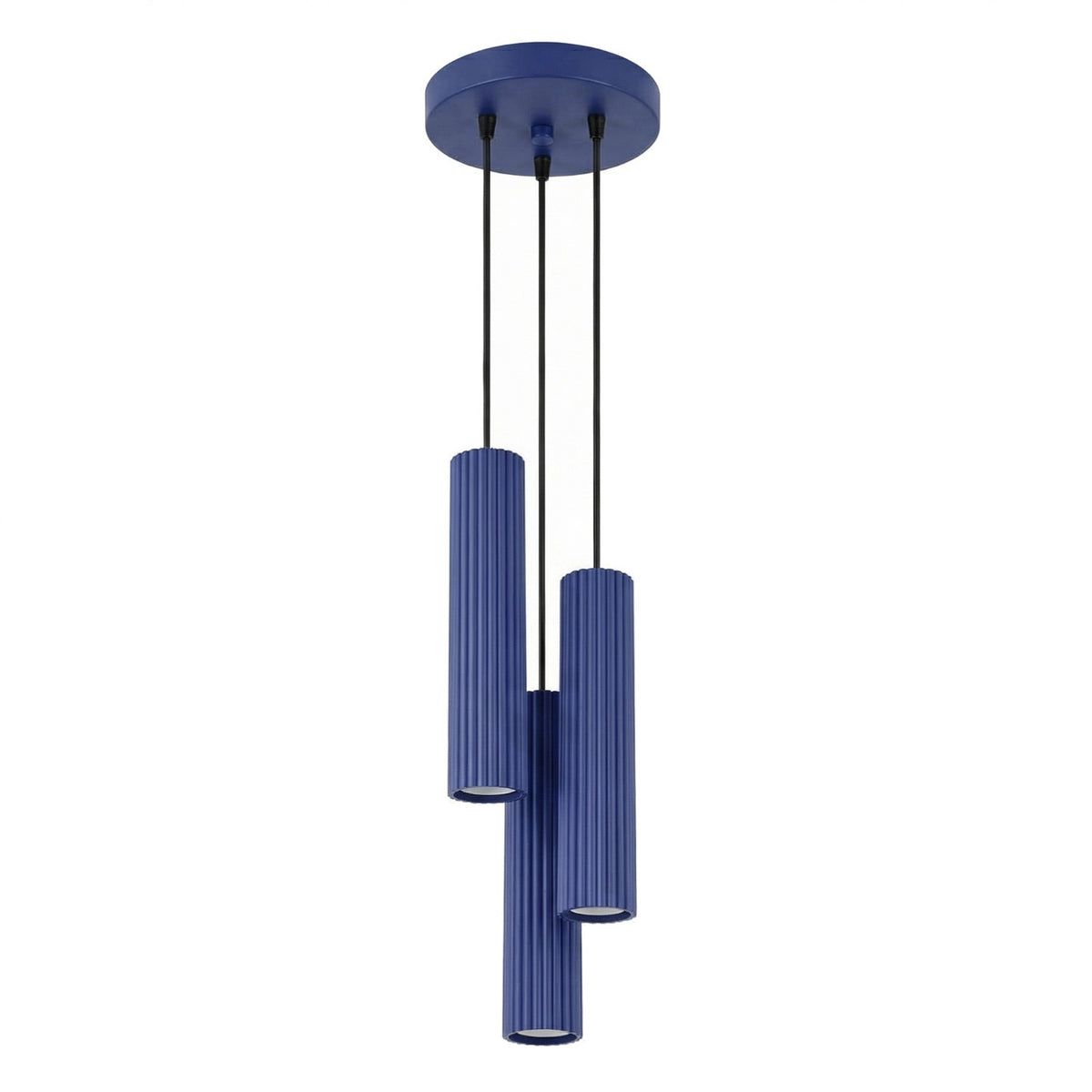 Suspension Karbon 3 tubes grappe bleu outremer, trois tubes cannelés groupés sous leur rosace