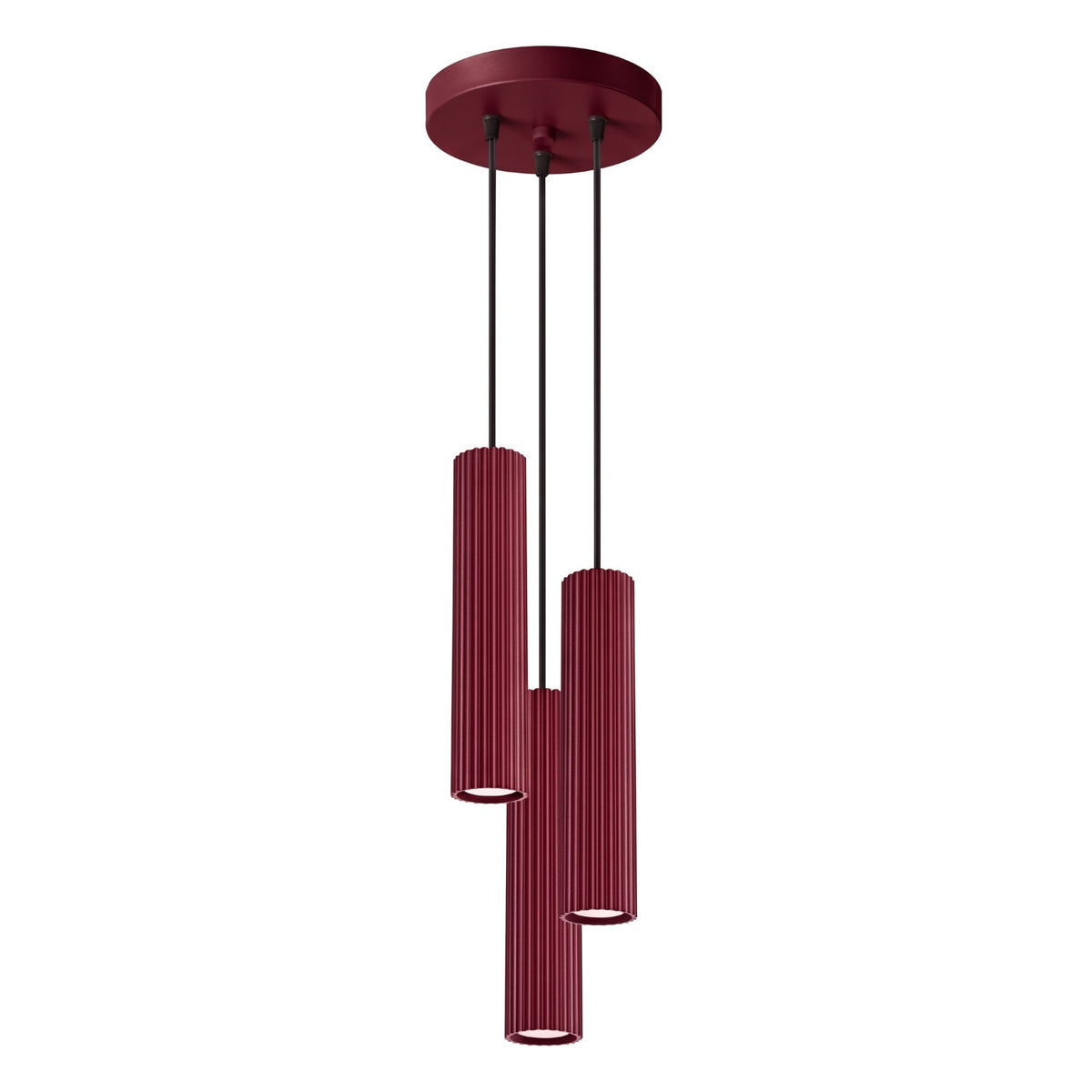 Suspension Karbon 3 tubes grappe bordeaux, trois tubes cannelés groupés sous leur rosace