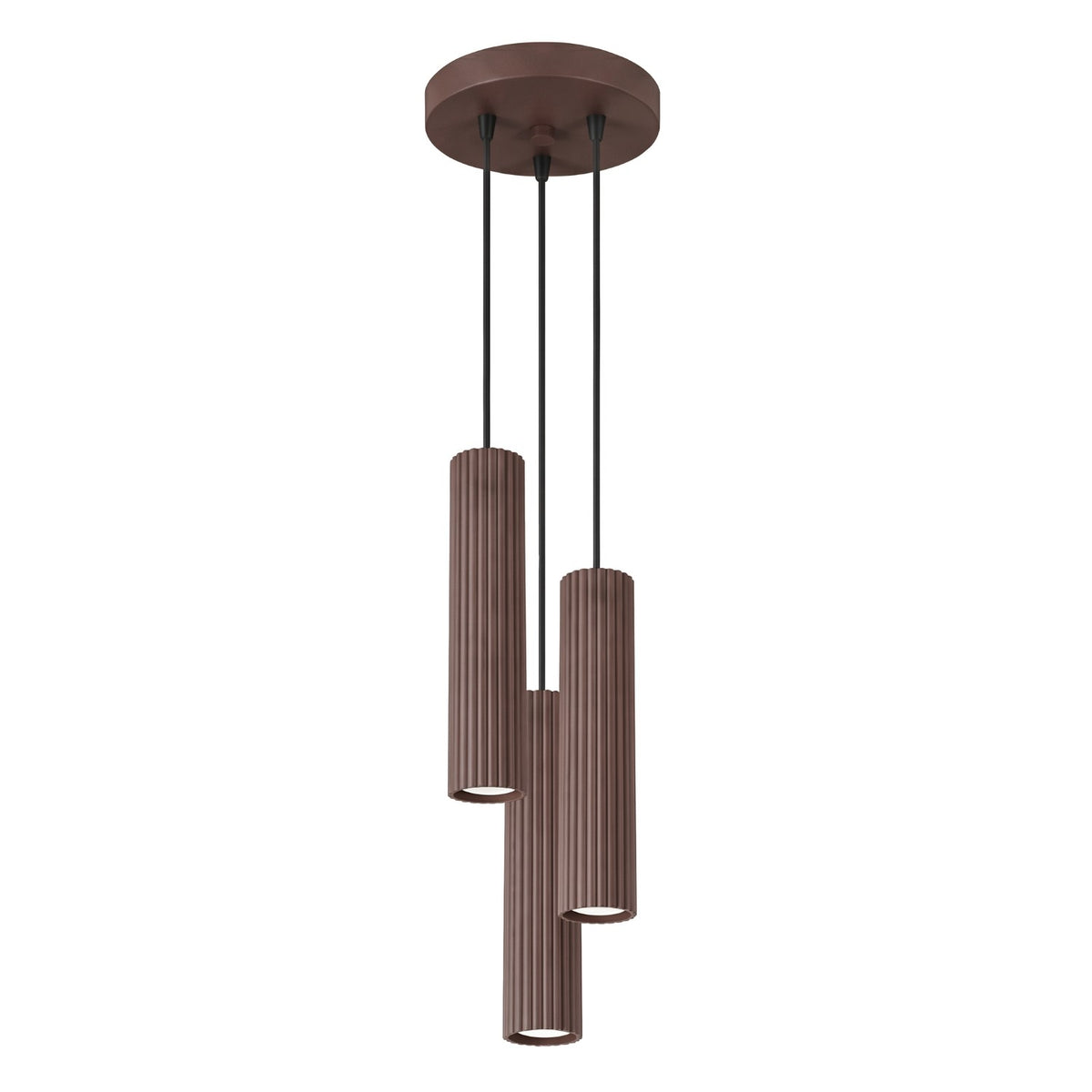 Suspension Karbon 3 tubes grappe brun, trois tubes cannelés groupés sous leur rosace