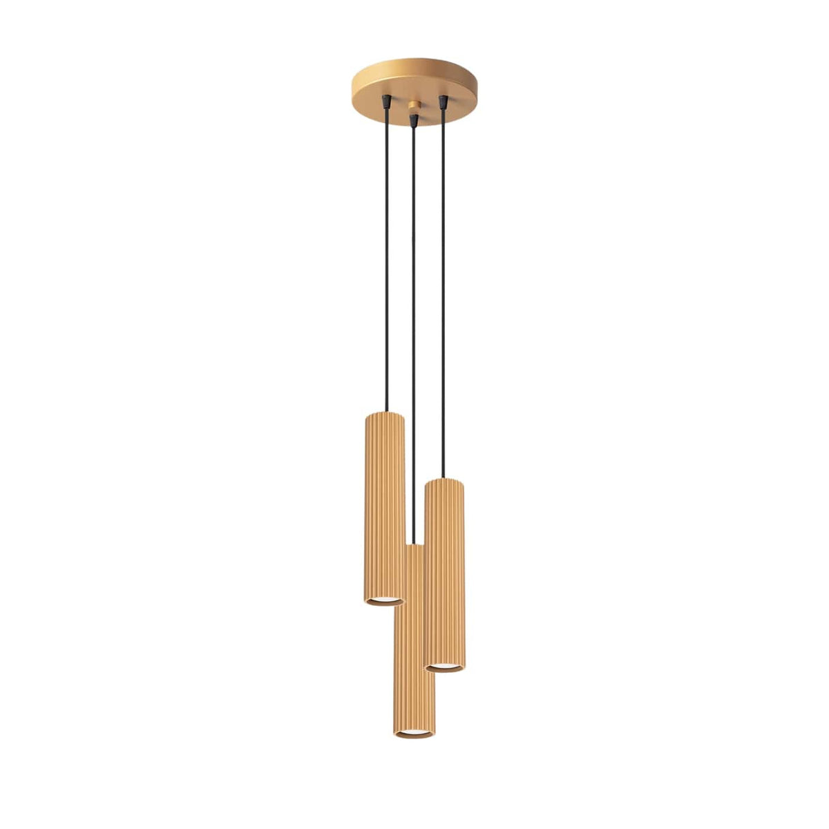 Suspension Karbon 3 tubes grappe doré, trois tubes cannelés groupés sous leur rosace