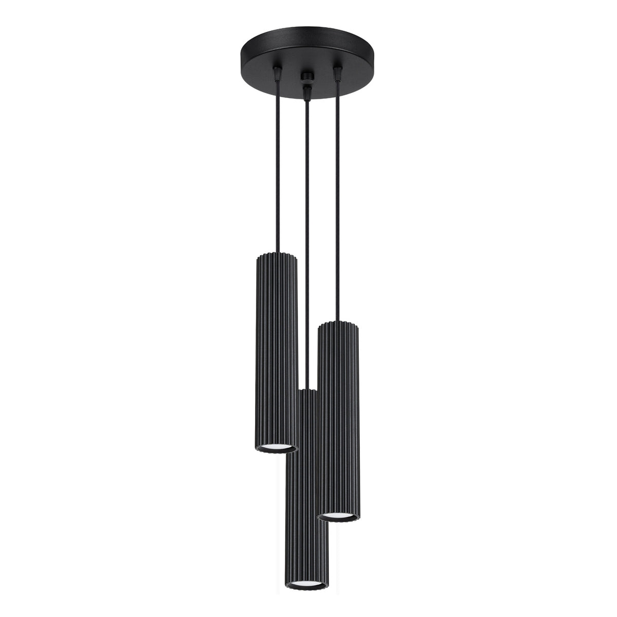 Suspension Karbon 3 tubes grappe noir, trois tubes cannelés groupés sous leur rosace