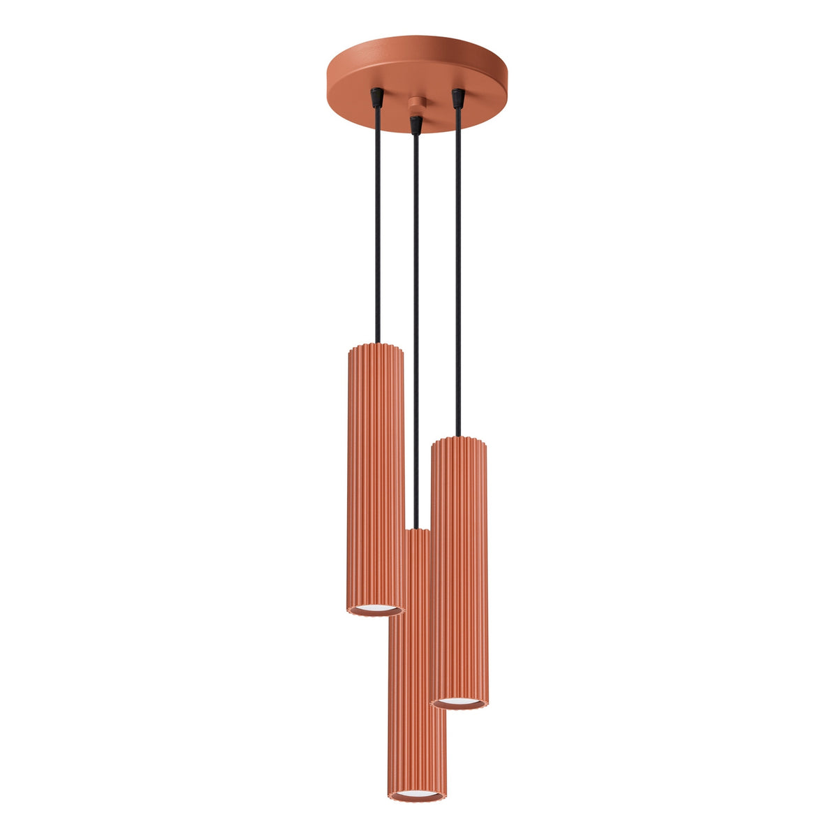 Suspension Karbon 3 tubes grappe ocre rouge, trois tubes cannelés groupés sous leur rosace