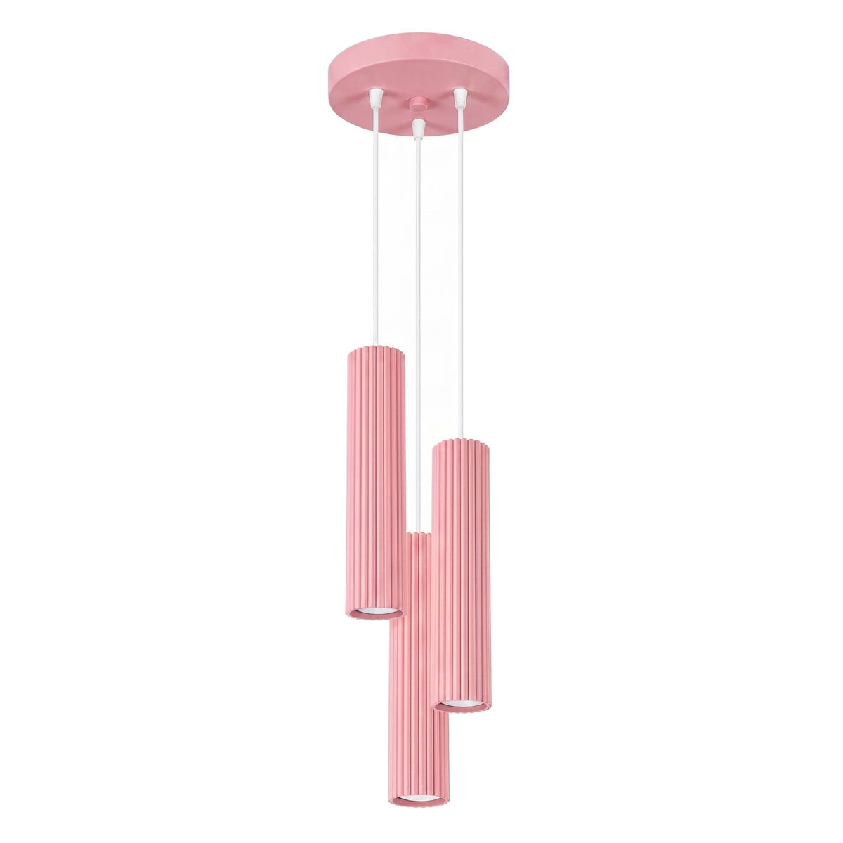 Suspension Karbon 3 tubes grappe rose, trois tubes cannelés groupés sous leur rosace