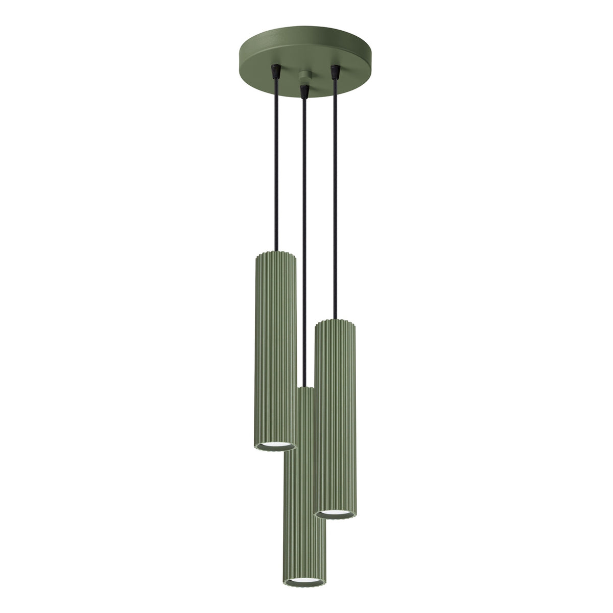 Suspension Karbon 3 tubes grappe vert olive, trois tubes cannelés groupés sous leur rosace