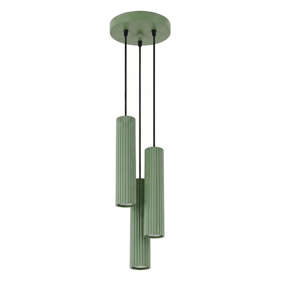 Suspension Karbon 3 tubes grappe vert sauge, trois tubes cannelés groupés sous leur rosace
