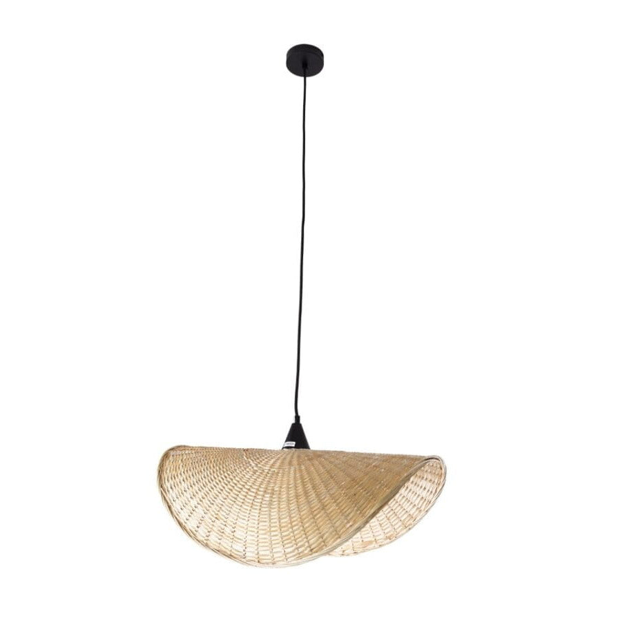 Suspension Koshi I abat-jour en rotin naturel tressé en forme de feuille sous sa rosace noire