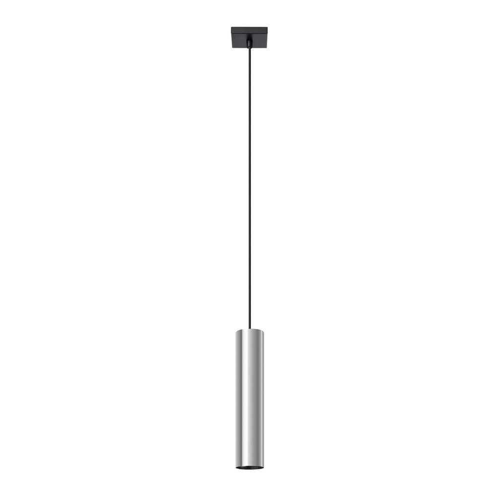 Suspension Lagos 1 lumière métal chromé GU10, tube cylindrique en acier chromé brillant, faisceau GU10 vers le bas