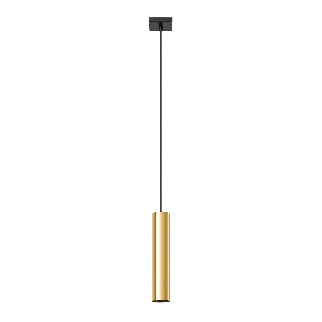 Suspension Lagos 1 lumière métal doré poli GU10, tube cylindrique en acier poli doré brillant, faisceau GU10 vers le bas