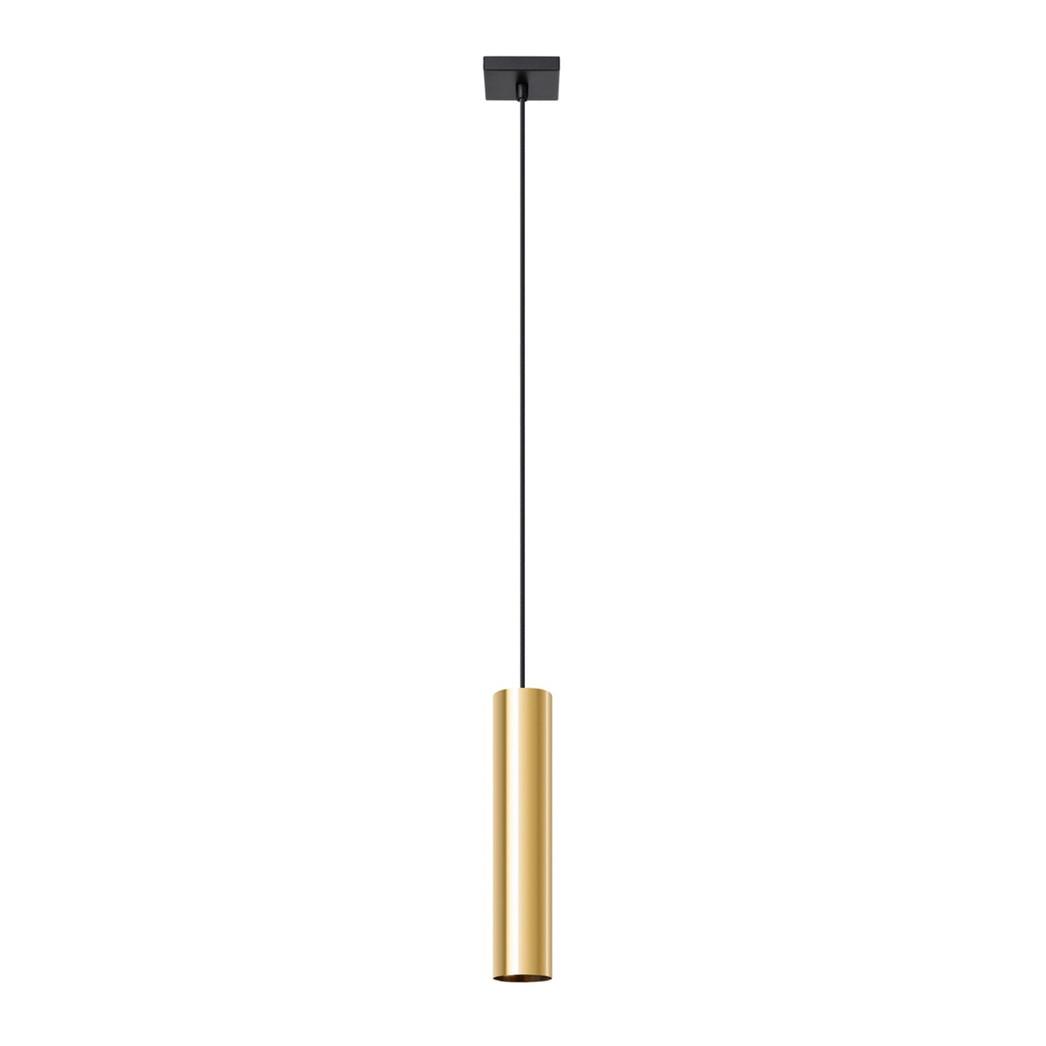 Suspension Lagos 1 lumière métal doré poli GU10, tube cylindrique en acier poli doré brillant, faisceau GU10 vers le bas
