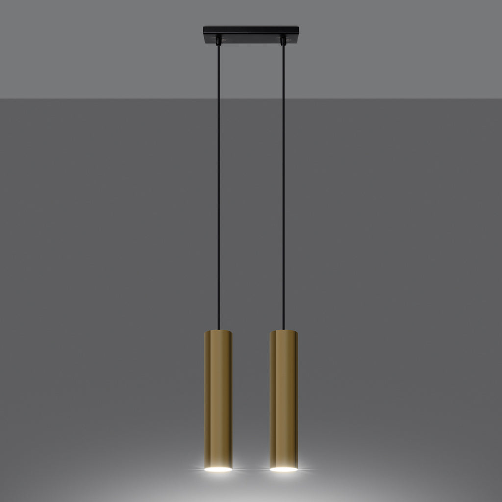 Suspension Lagos 2 lumières métal doré poli GU10 allumée, faisceaux vers le bas