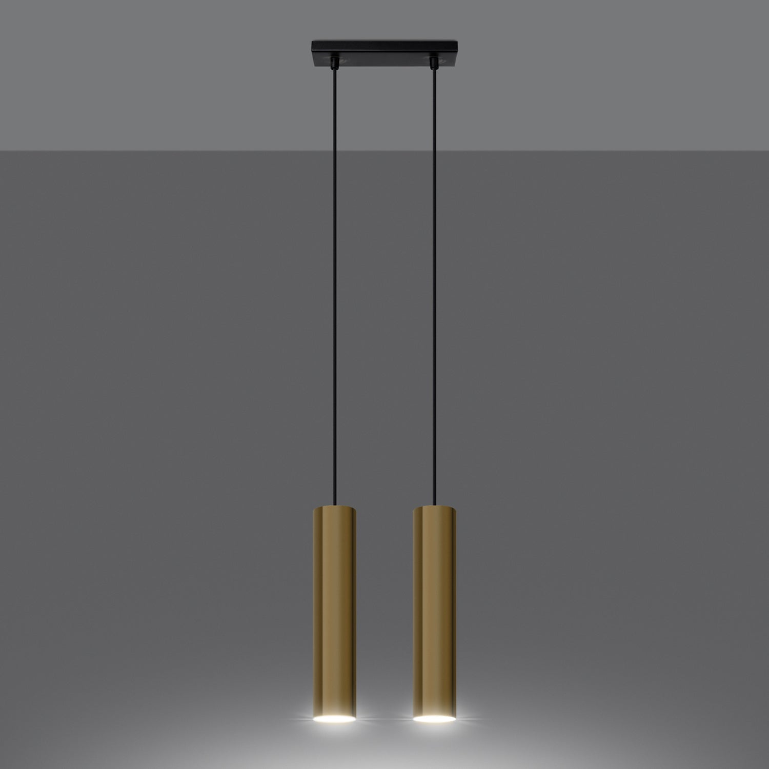 Suspension Lagos 2 lumières métal doré poli GU10 allumée, faisceaux vers le bas