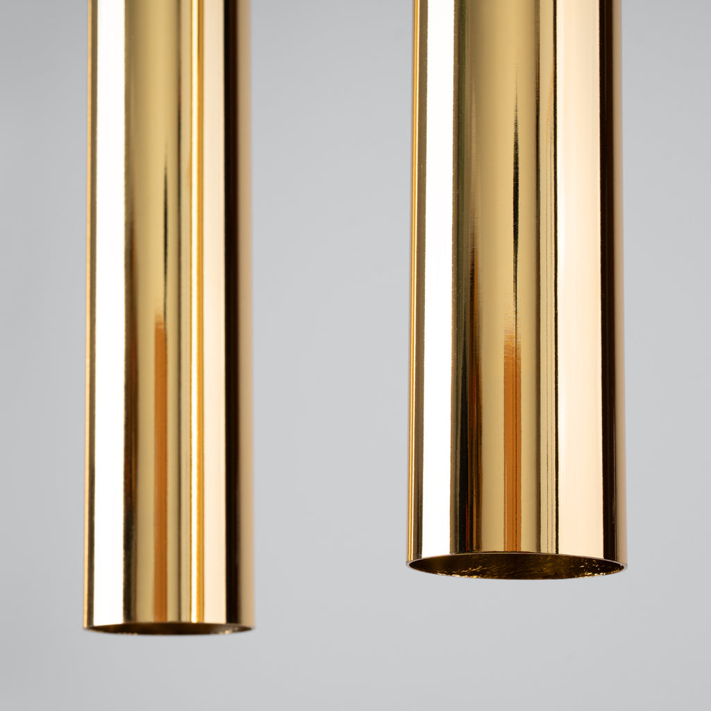 Suspension Lagos 2 lumières métal doré poli GU10, détail du tube doré poli
